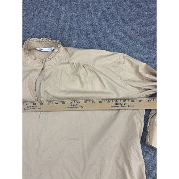 ZARA Dress Womens XS Beige Ruffle Hem Long Sleeve High Neck Cotton Pockets Midi - Picture 3 of 8